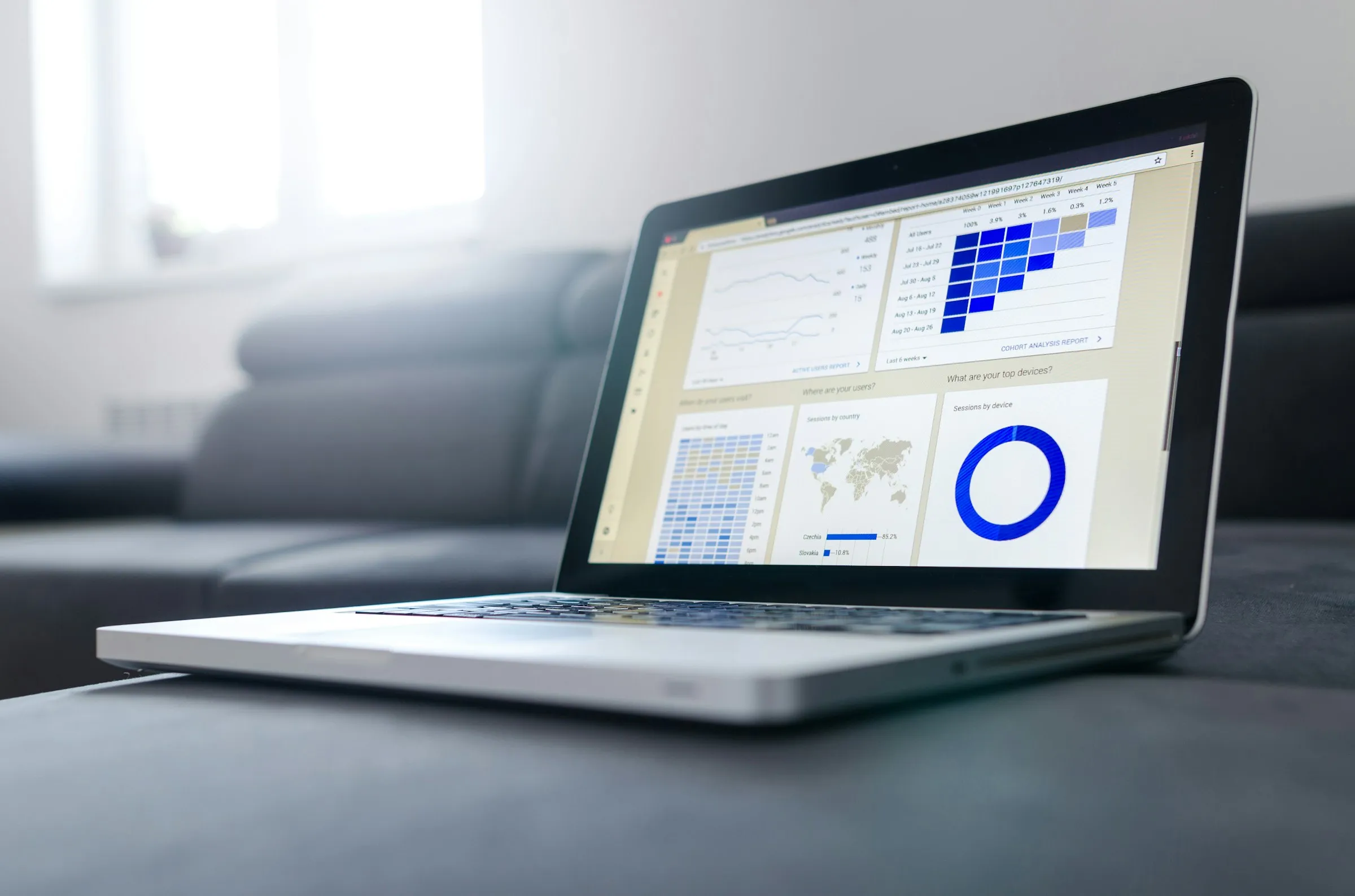 Multiple screens displaying data dashboards and analytics workflows