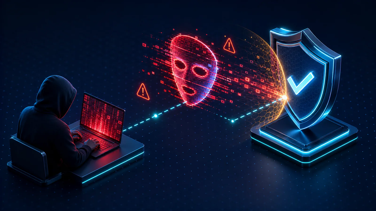 A hooded attacker generating an AI deepfake to try to slip past a zero trust verification shield