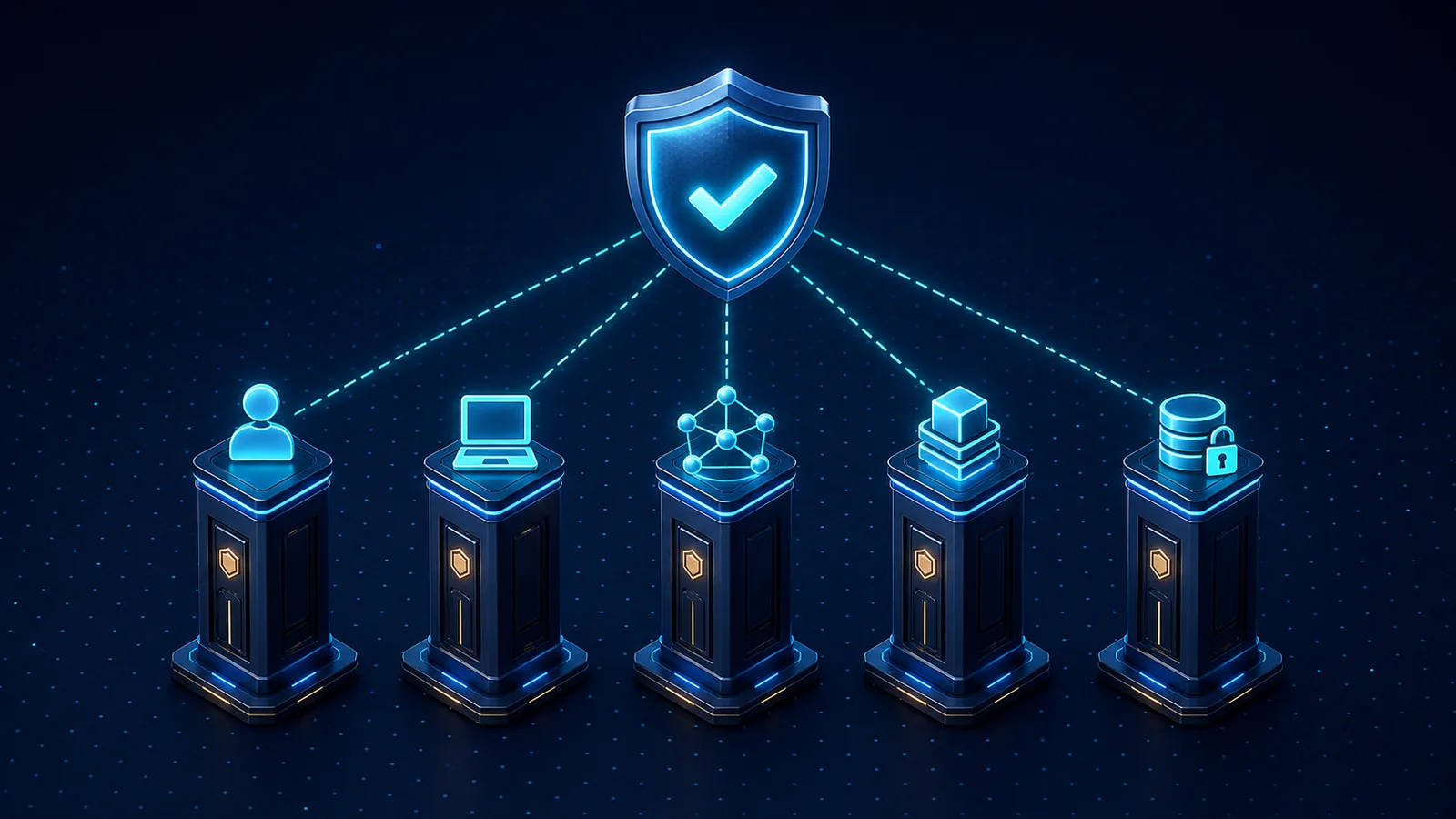 The five pillars of zero trust, Identity, Devices, Networks, Applications and Workloads, and Data, all verified against a central policy shield