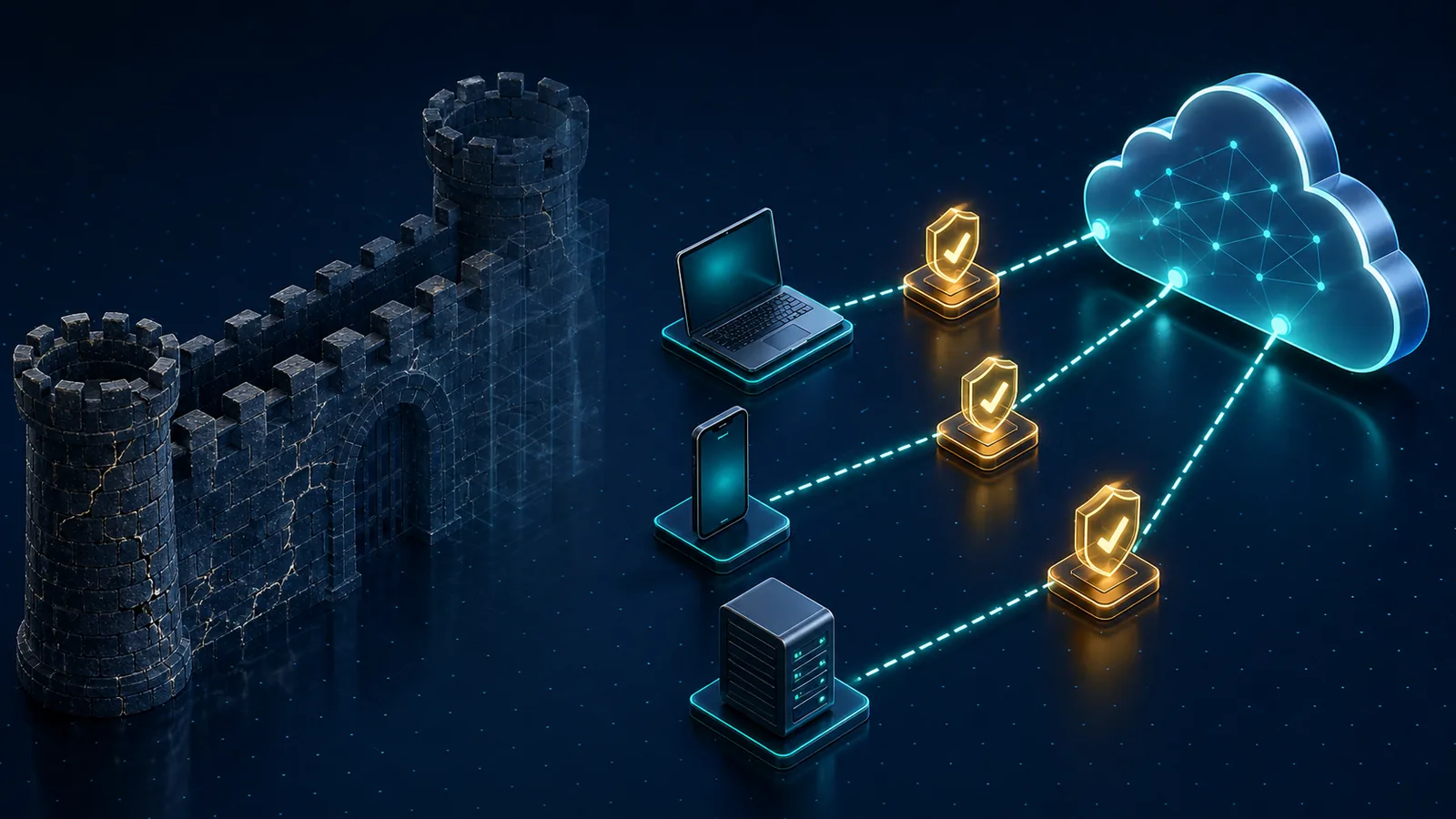 A legacy VPN perimeter fading out as devices connect through individually verified, encrypted paths to the cloud instead